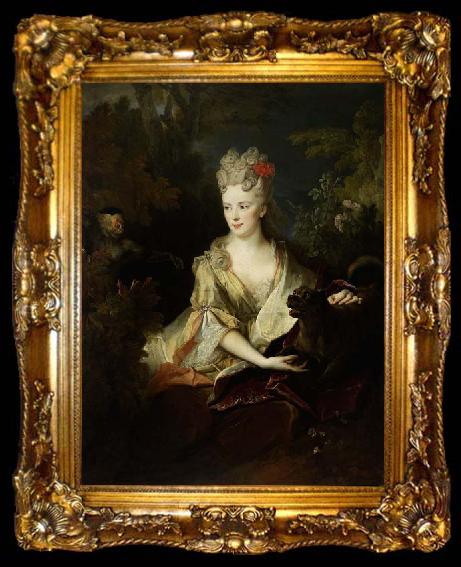 framed  Nicolas de Largilliere Portrait of a lady with a dog and monkey., ta009-2
